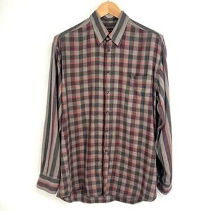 St. Croix Button Front LS Shirt Mens Size L Striped‎ Plaid Gray Red Cotton Italy